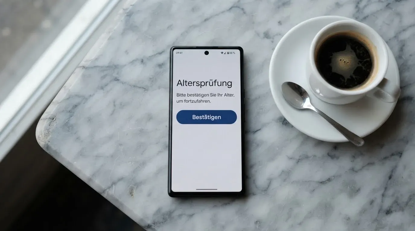 Ein Smartphone liegt mit der Rückseite nach oben auf einem Kaffeehaustisch neben einer Tasse und einem Löffel.