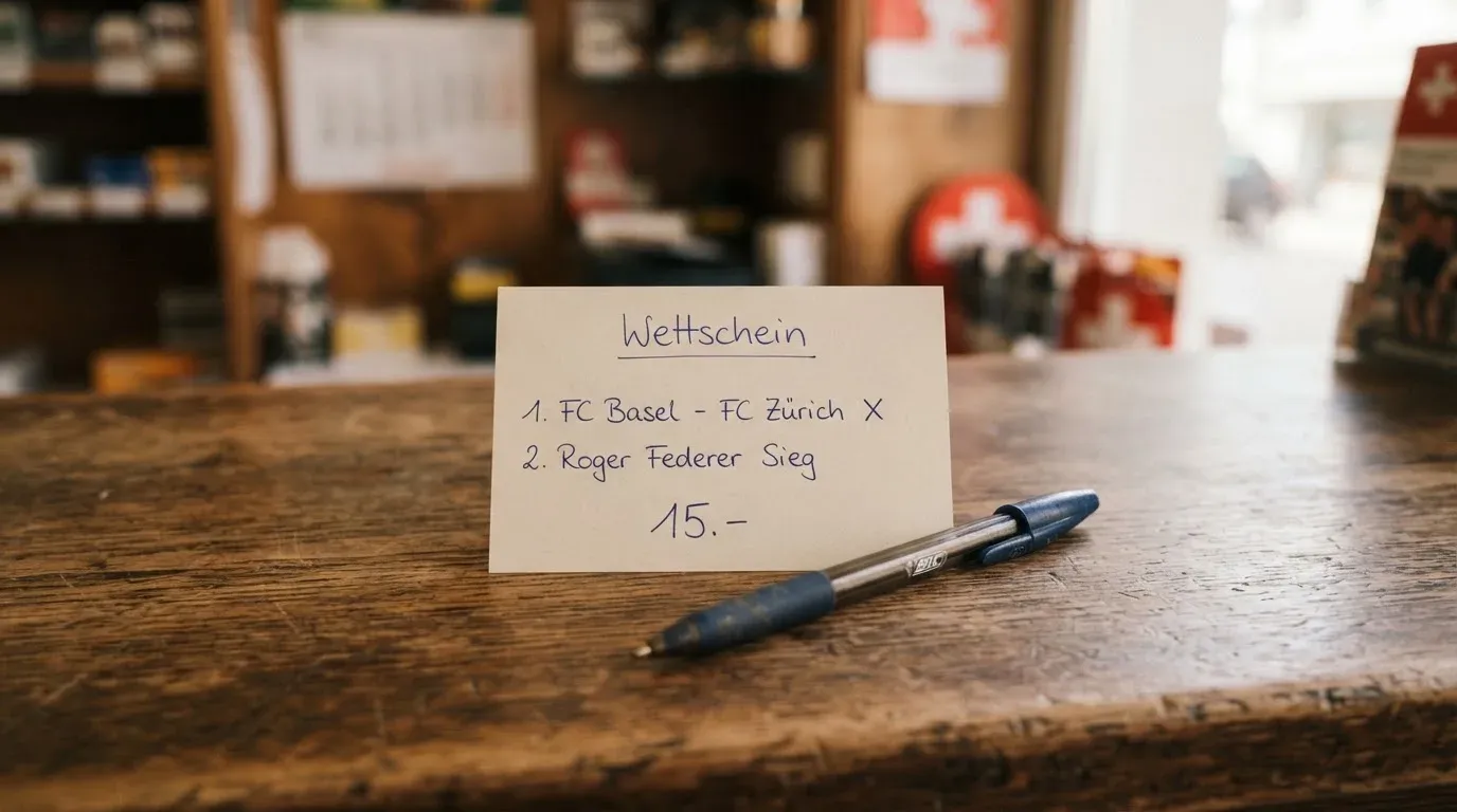 Ein unbeschriebener Papierwettschein und ein Kugelschreiber liegen auf einer hölzernen Ladentheke im Tageslicht.