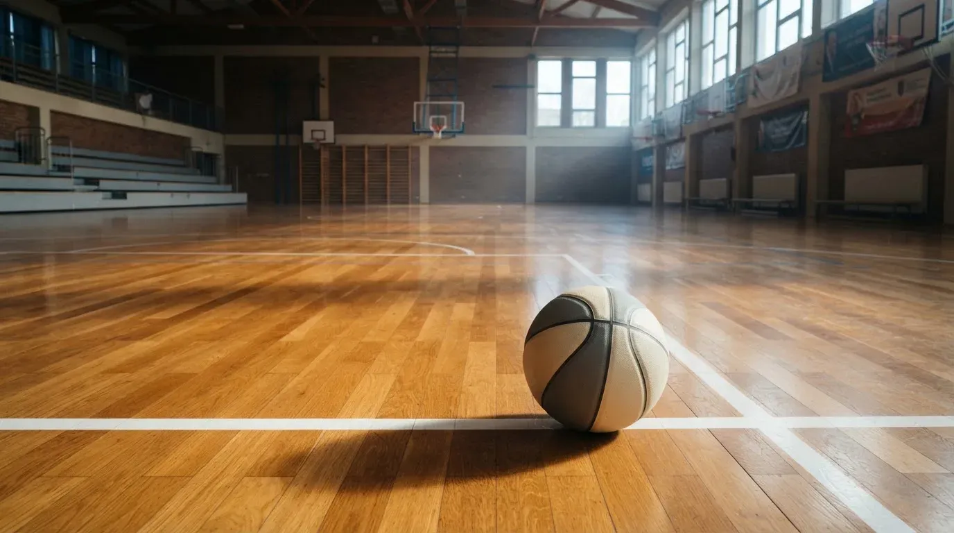 Ein Basketball ruht auf dem Parkett einer leeren Sporthalle, durch hohe Fenster fällt Tageslicht.