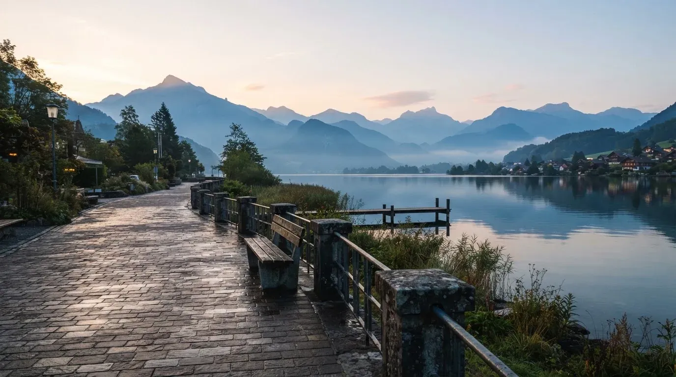 Eine Uferpromenade an einem Schweizer See liegt am frühen Morgen leer da, am anderen Ufer ragen Berge auf.