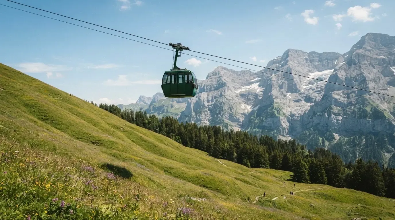 Eine Seilbahnkabine schwebt über einer Alpwiese, im Hintergrund zeichnen sich Felswände ab.