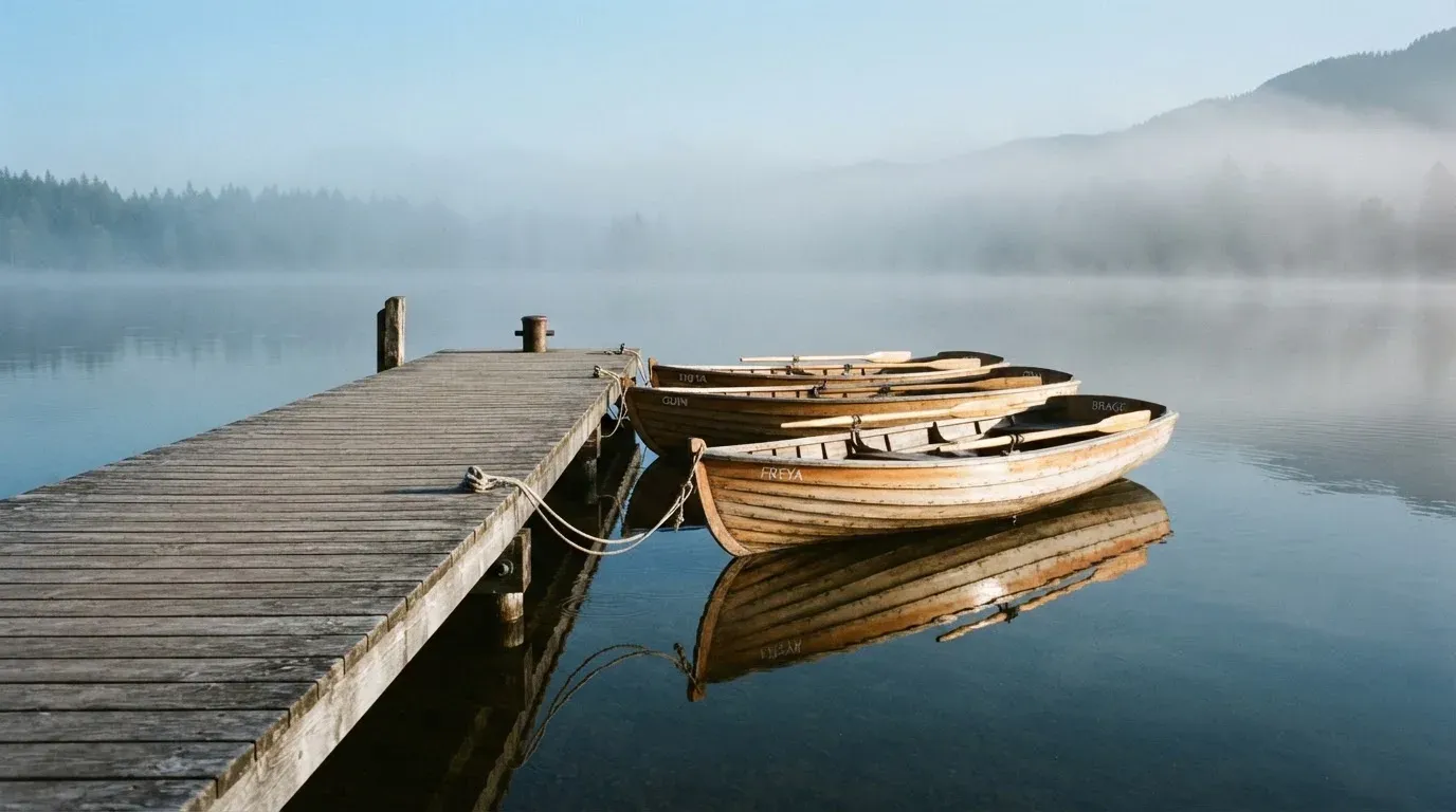 Ruderboote liegen am hölzernen Steg eines Sees, über dem Wasser hängt feiner Morgendunst.
