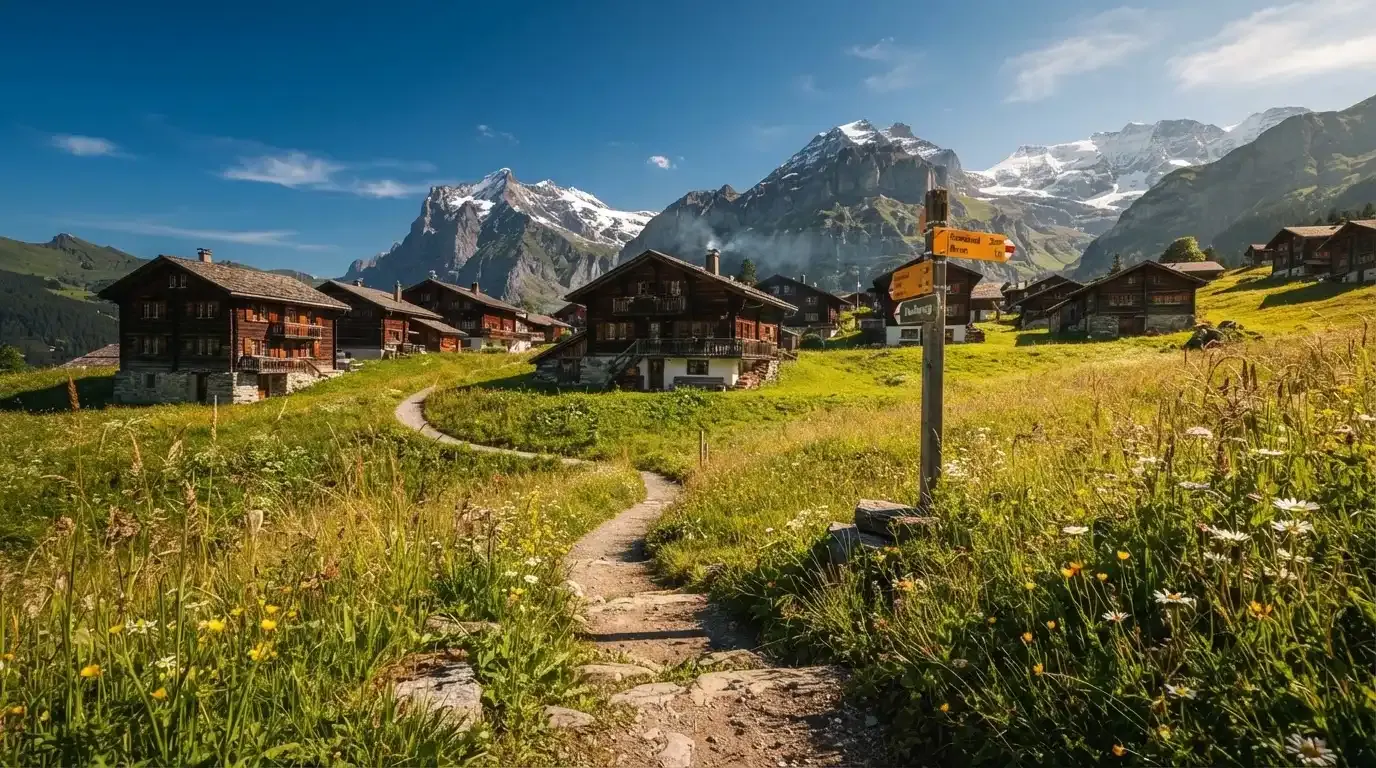 Ein Wanderweg führt durch eine Almwiese zu einem Bergdorf, in der Ferne liegt Schnee auf den Gipfeln.