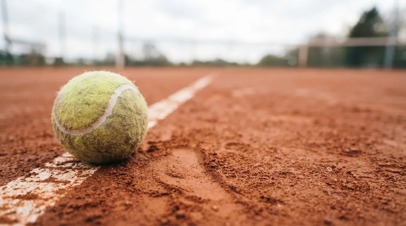 Ein Tennisball liegt auf rotem Sand neben einer verblassten Linie, das Licht ist weich.
