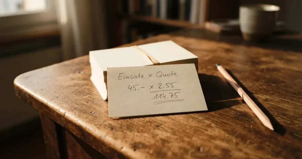 Ein Stapel unbeschriebener Karteikarten, von einem Gummiband gehalten, liegt auf einem Schreibtisch neben einem Bleistift.