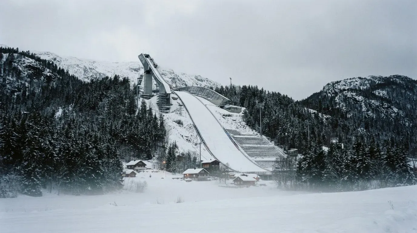 Eine verschneite Skisprungschanze erhebt sich unter grauem Himmel über einem stillen Tal.