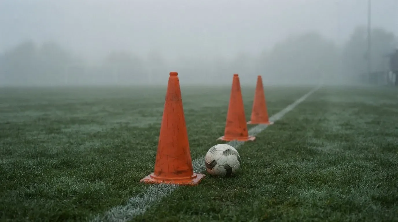 Orange Pylonen stehen auf einem Trainingsplatz im Nebel, die Ränder des Platzes verschwimmen im Dunst.