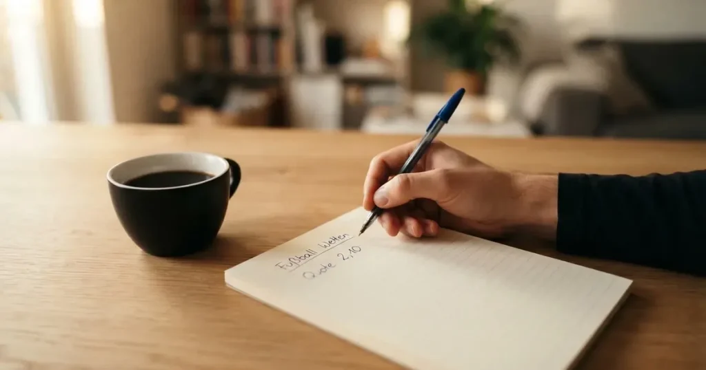 Eine Hand hält einen Stift über einem leeren Blatt, daneben eine Tasse Kaffee auf einem hellen Tisch.