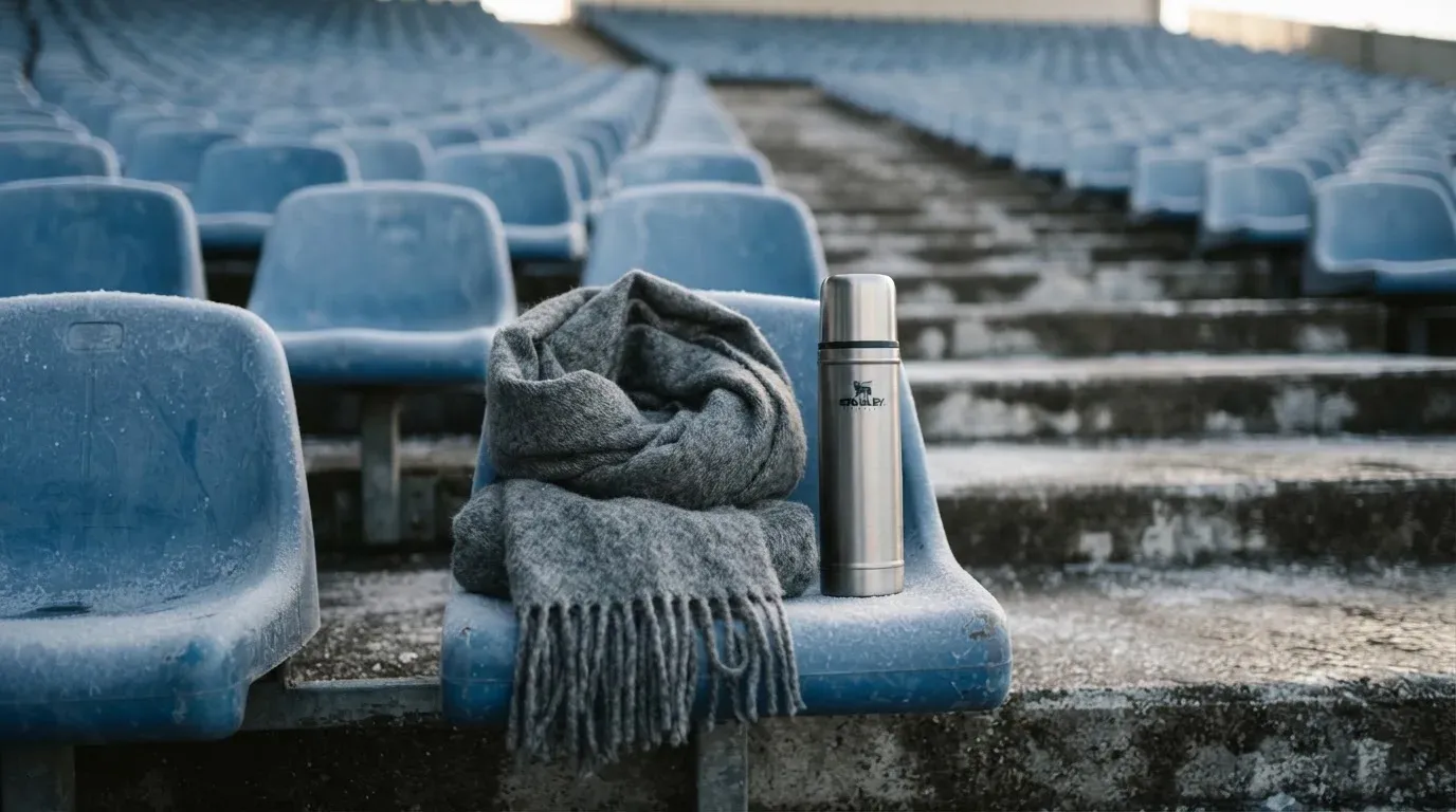Ein grauer Wollschal und eine Thermoskanne liegen auf einem Sitz im winterlichen Stadion, Raureif liegt auf den Stufen.