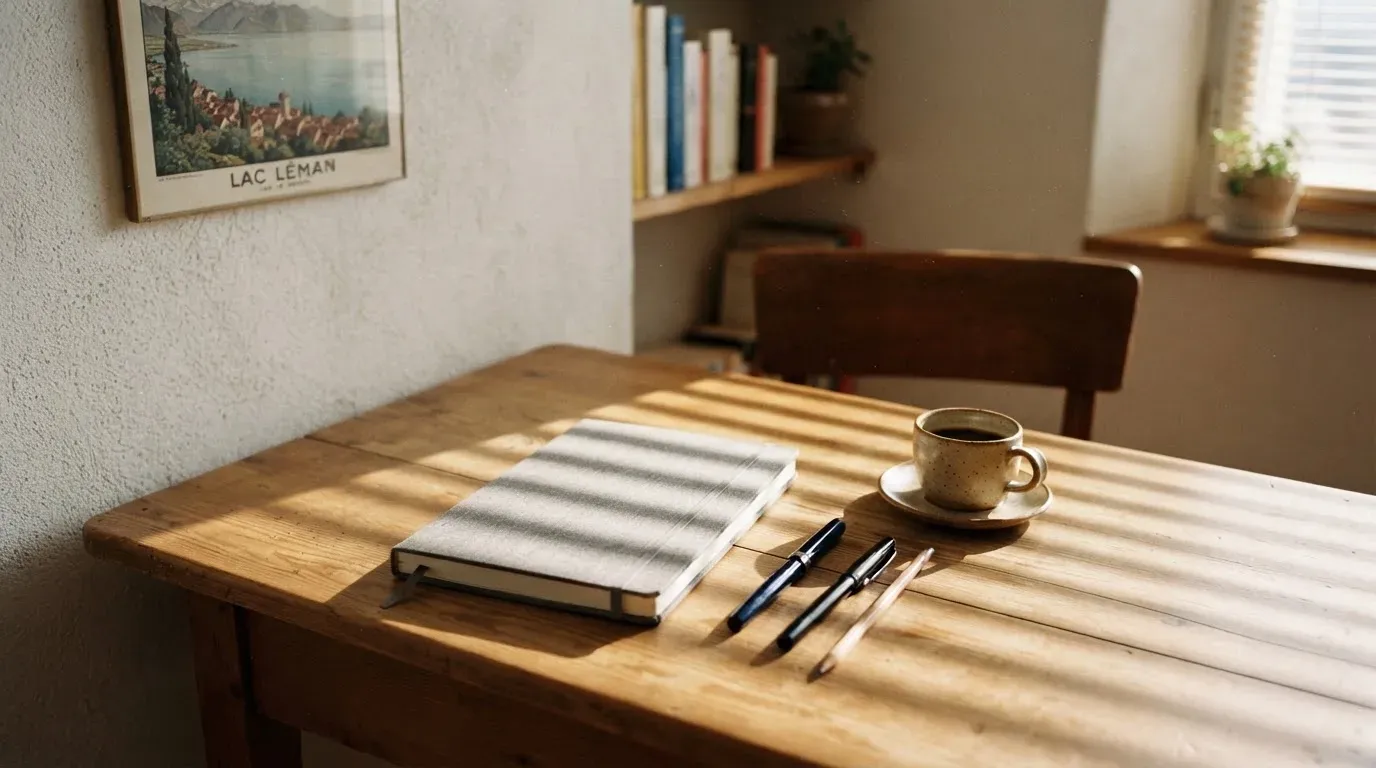 Streifen von Sonnenlicht fallen durch eine Jalousie auf einen Schreibtisch mit Stiften.