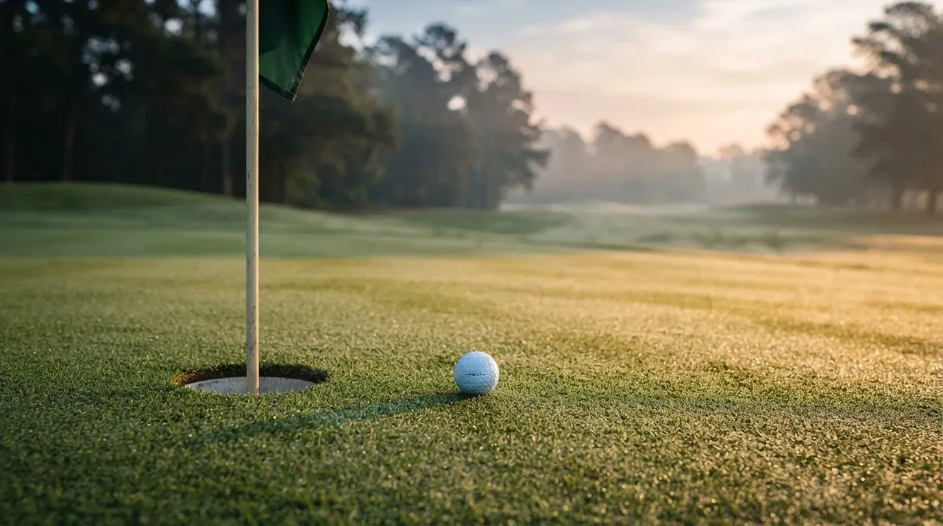 Ein Golfgrün liegt am frühen Morgen im Tau, ein Ball liegt nahe dem Loch.