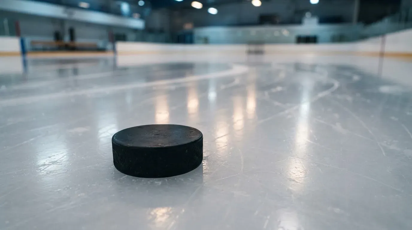 Ein Eishockeypuck liegt in Grossaufnahme auf glatter Eisfläche, im Eis spiegeln sich Hallenlichter.