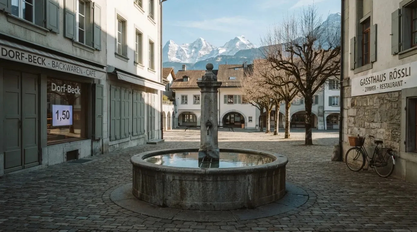 Ein Dorfplatz mit steinernem Brunnen liegt am Vormittag still da, die Läden ringsum sind noch geschlossen.