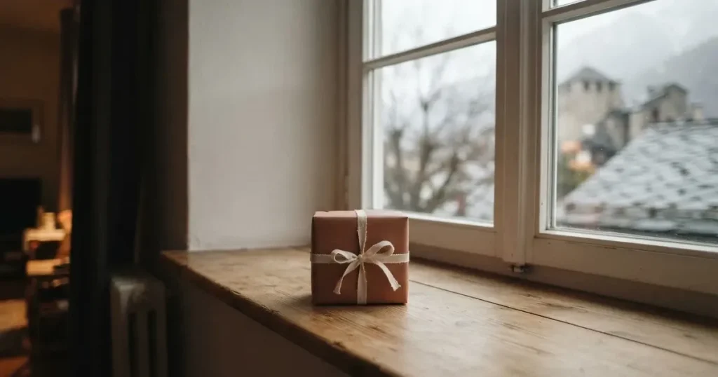 Eine kleine Schachtel mit Schleife steht auf einem Fensterbrett, dahinter ein grauer Wintertag.