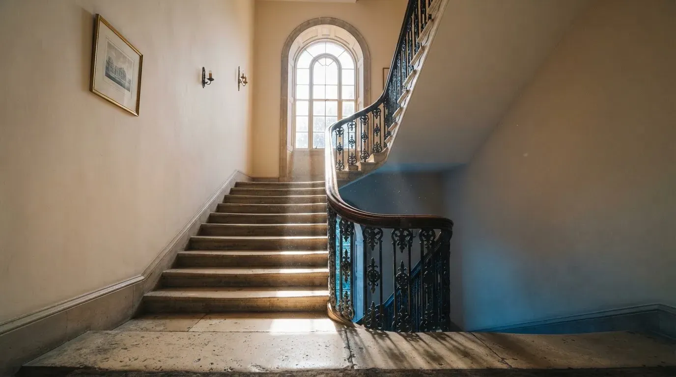 Ein Treppenhaus aus hellem Stein führt in einem Altbau nach oben, Licht fällt durch ein hohes Fenster.